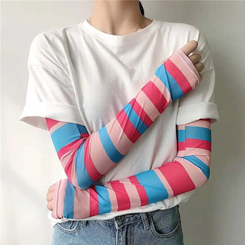 

Women Girls Summer Ice Silk Arm Sleeves Cover Rainbow Colored Striped Harajuku Sun Protection Cooling Cycling Driving Gloves