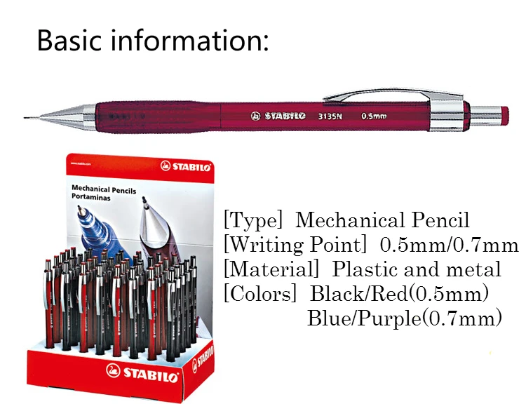 Немецкий механический карандаш Stabilo 3135, автоматический карандаш 0,5 мм/0,7 мм, металлический зажим с верхним ластиком, Детские правильные карандаши для жестов