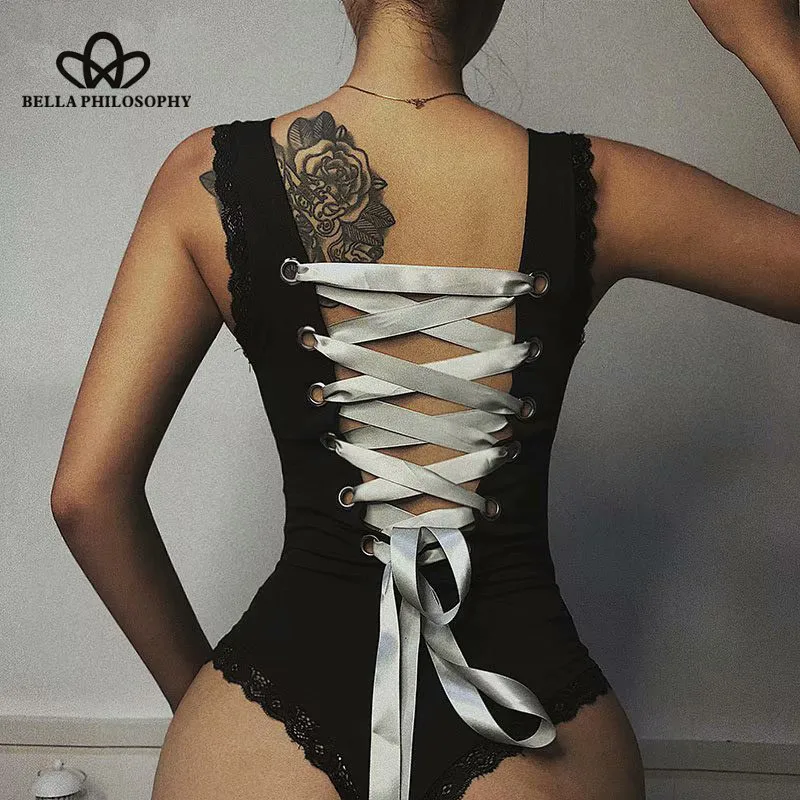 Wonder New Sexy Sleeveless Bodysuits Vintage Lace-Up Female Skinny Backless Bodysuits Retro Lady Lace Patchwork Rompers 2019