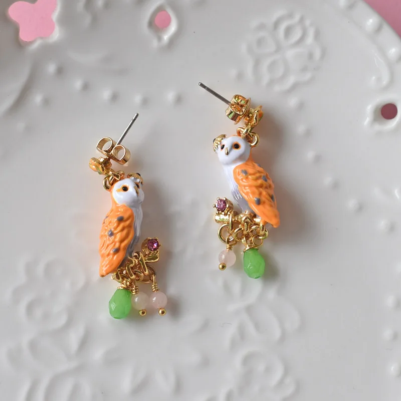 

French Dyxytwe Enamel Luxurious Stud Earrings Jewelry For Girl 925 Silver Needle Gold Snow Owl Yellow Gem Bead Accessories
