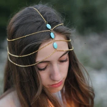 New Beach Multi Layer Metal Gold  Head Chain Hair Jewelry for Women Tassel Bindi Hair Accessories Boho Headband