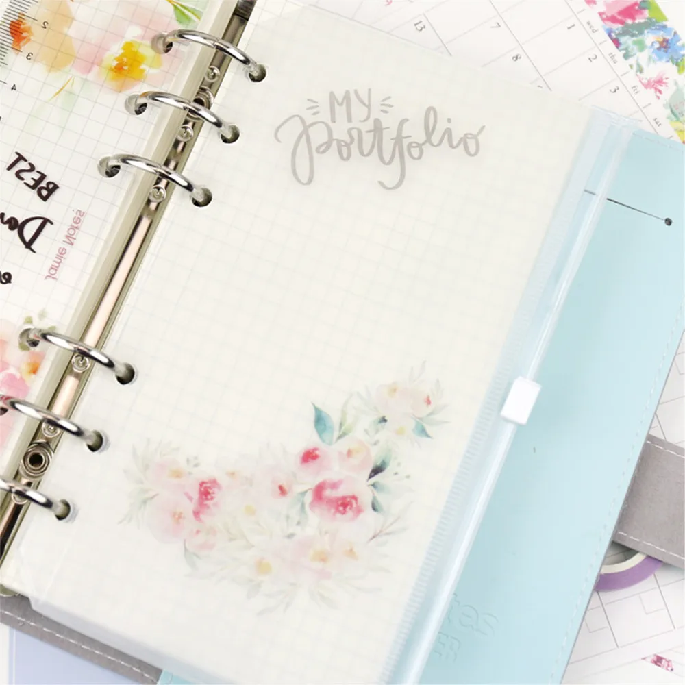 

1pc Flower Design A5 A6 File Holder Standard 6 Holes Transparent Loose Leaf Inner Pocket Zipper Filing Product Binder Pouch