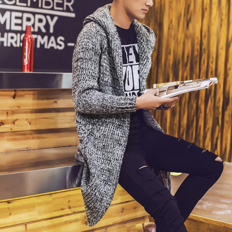 Кардиган мужской с капюшоном свитер длинный однотонный размеры 2XL|fashion sweaters