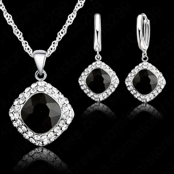 Высокое качество 925 пробы серебряный комплект ювелирных изделий короткая цепочка Шарм квадратный кулон ожерелье Серьги Кристалл для женщин - Окраска металла: black