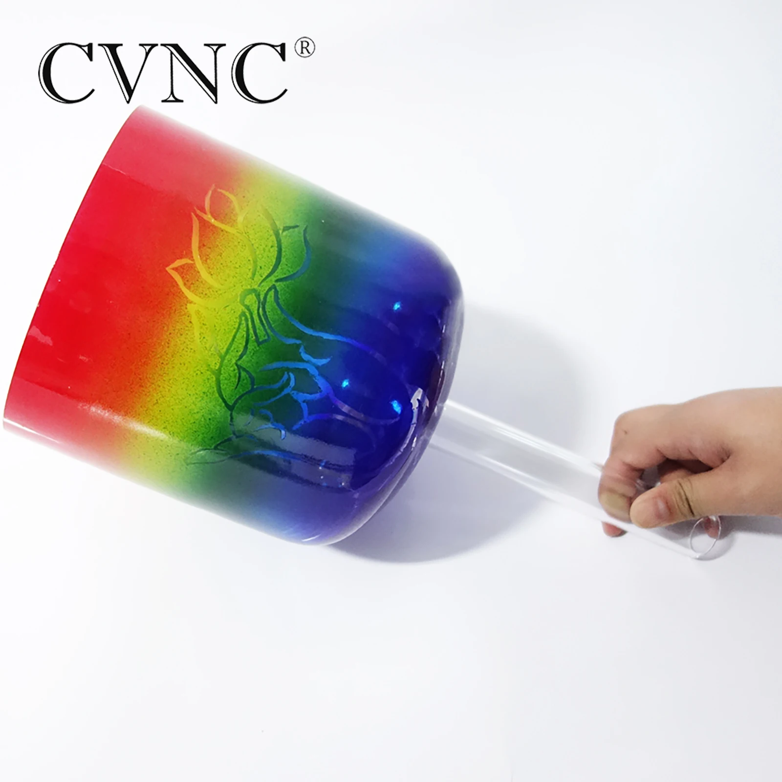

CVNC New Design 7" Chakra Note C/D/E/F/G/A/ Hollow Handle Colored Clear Crystal Singing Bowl