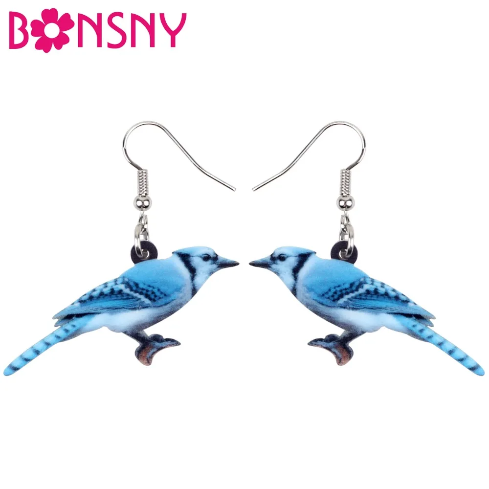 Bonsny Acrilico Dolce Blue Jay Orecchini Di Uccelli Grande Lungo Ciondola L'Orecchino Di Goccia Di Modo Nord America Animale Dei Monili Per Le Donne R