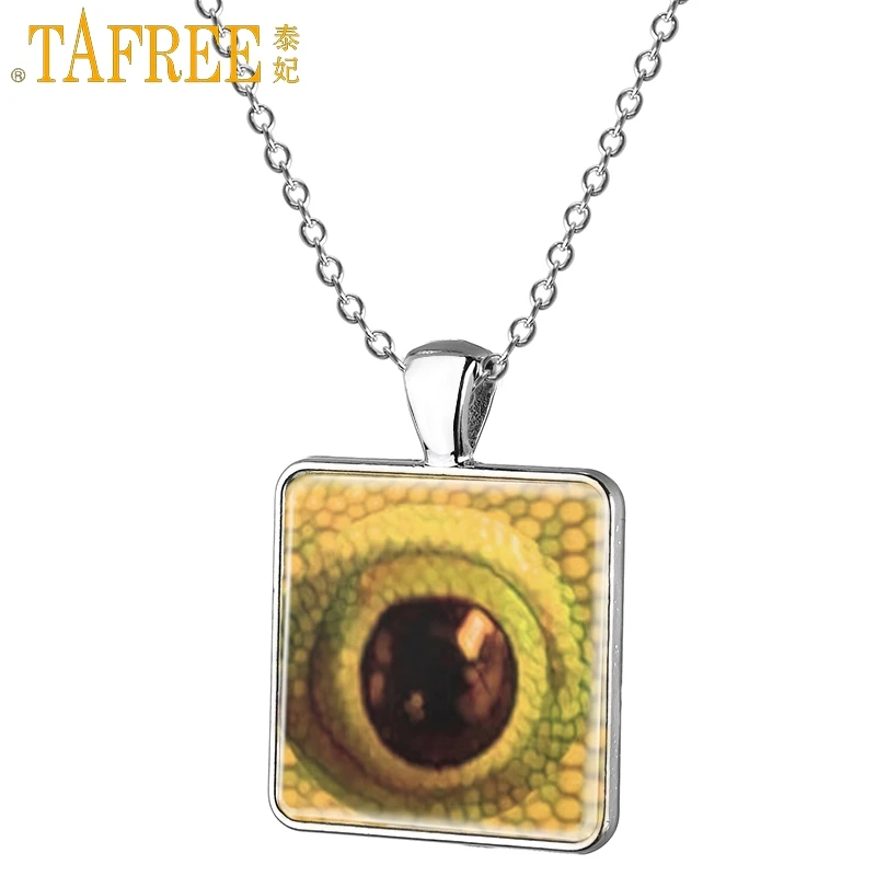 

TAFREE Simple Square Necklace Animal Eye Art Pattern Glass Cabochon Dome Metal Pendant Necklace Unisex Chain Jewelry FQ578
