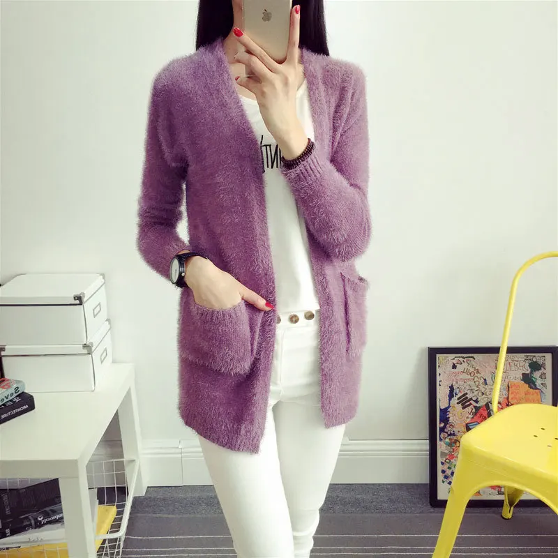 

Candy Colors Mohair Knitted Sweater Long Sleeve Autumn Winter Women Cardigans Fashion Top Femme Manche