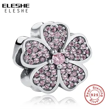 

ELESHE Authentic 925 Sterling Silver Fancy Pink Crystal Daisy Plant Charms Fit Original ELESHE Bracelet Necklace Jewelry Making
