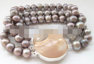 

Hot selling>@@ > 13402 8" 3row 8-9mm gray round freshwater pearl bracelet - shell clasp -Bride jewelry free shipping