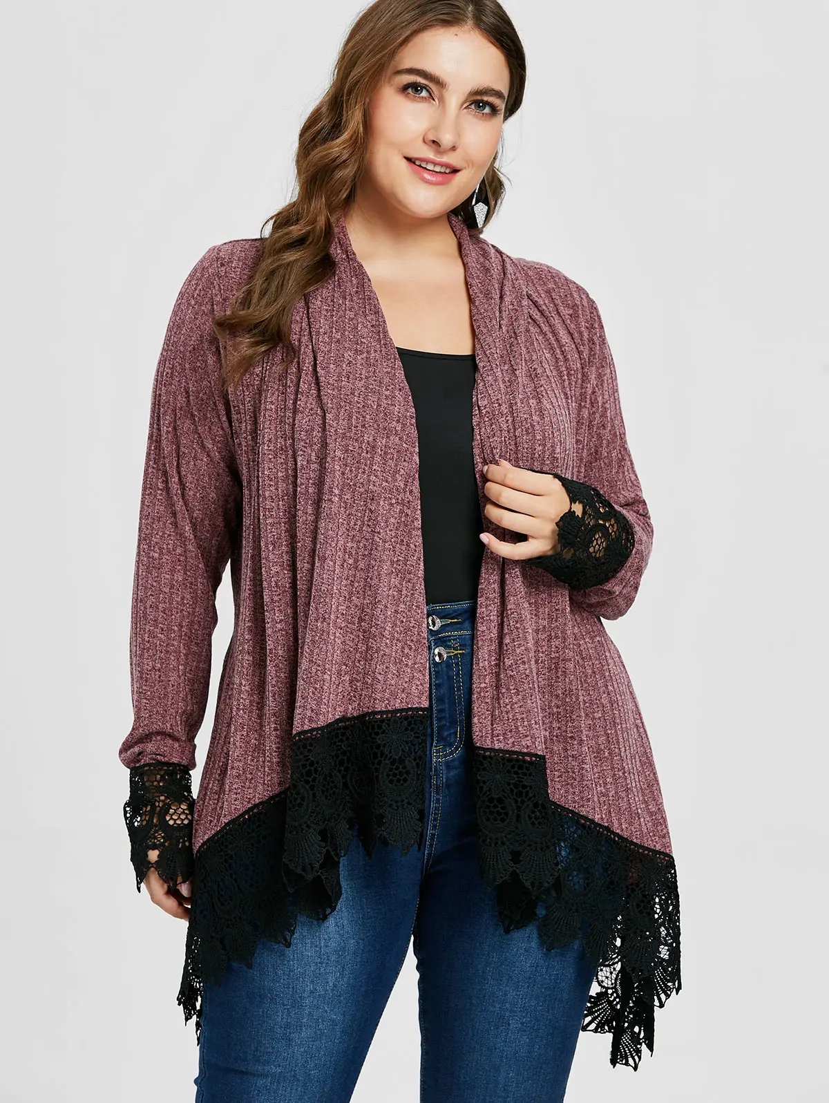 Wipalo Autumn Winter Plus Size 5XL Lace Edge Ribbed Cardigan Women