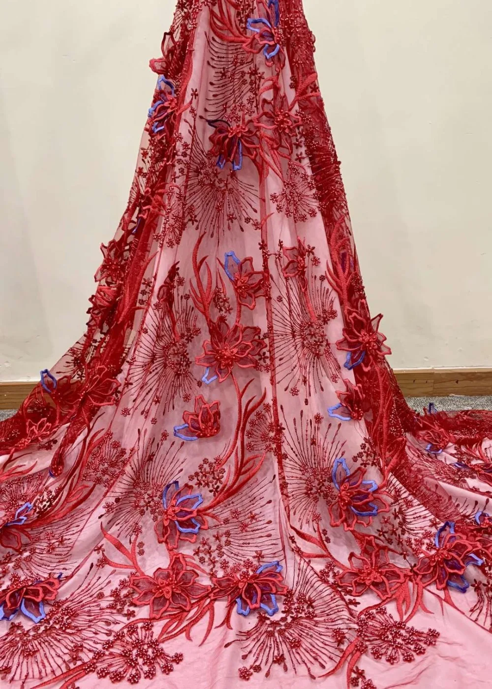 

luxury 3D flower pearls embroidery lace tulle african fabric for Wedding bridal dress