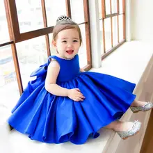 Одежда высшего качества Синего атласа Детское бальное платье Платье для первого дня рождения для девочек в цветочек нарядное платье принцессы для свадьбы детская одежда Vestidos