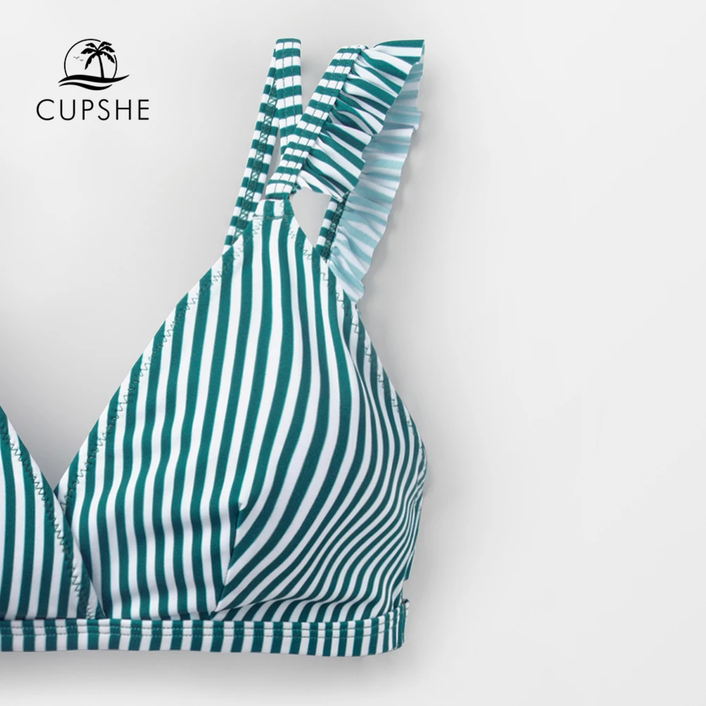 Online CUPSHE Cyan Und Weiß Streifen Doppel Straps Rüschen Bikini Sets Frauen Süße Zwei Stück Badeanzüge 2020 Mädchen Strand Badeanzüge