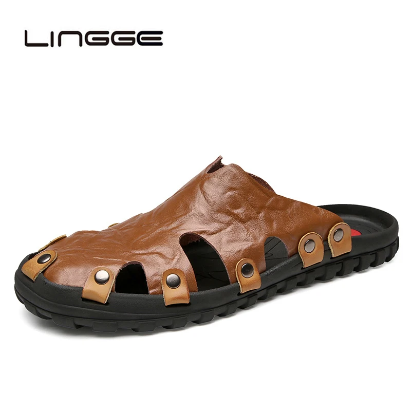

LINGGE New Casual Men Soft Sandals Comfortable Men Summer Leather Sandals Men Roman Summer Outdoor Beach Sandals Big Size 37-47