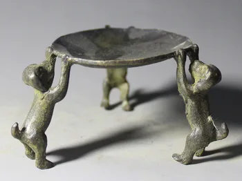 

90MM Chinese Bronze Religion Folk FengShui Three Dog Candlestick Holder Statue