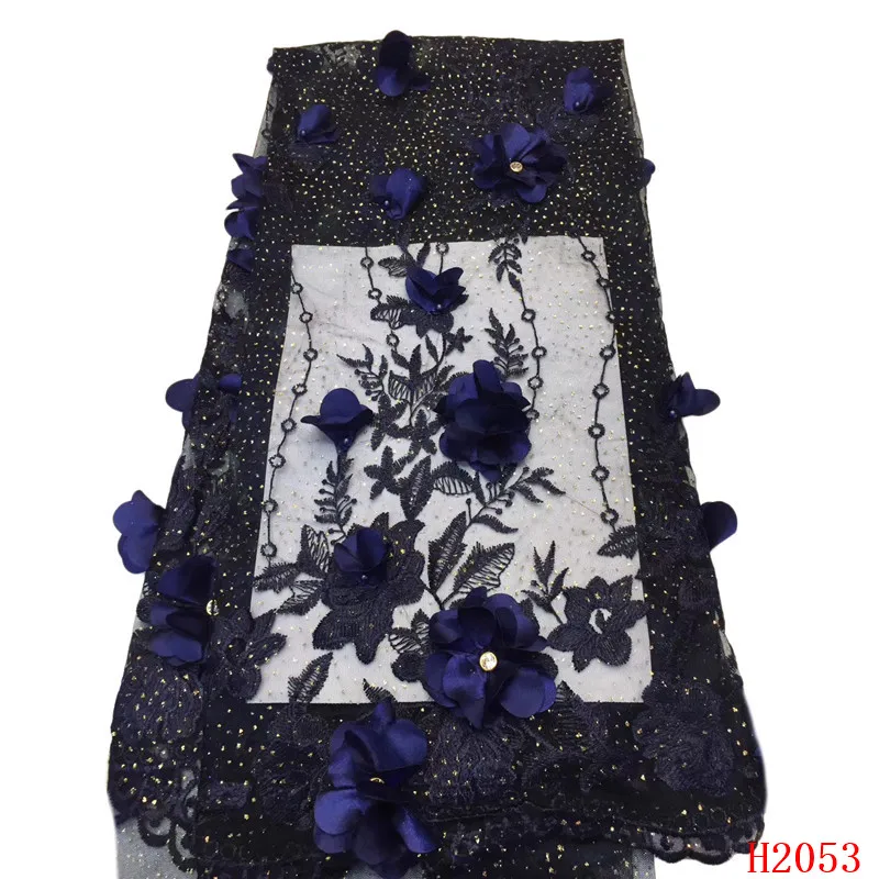 

Navy Blue High Quality African Lace Nigerian Tulle Lace Fabrics 3d Flowers Embroidery Beaded French Lace Fabric for Lady HX2053