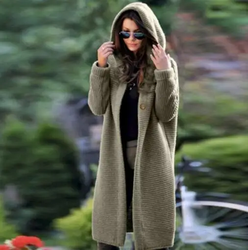 Hooded Cashmere Long Cardigan Women Long Sleeve Winter Sweater Knitted Female Woman Sweater Pocket Cardigan Feminino Coat - Цвет: Green