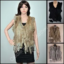 3 Colors Top Sales 2014 New Design Knitted Rabbit Fur Vest For Women With Tassel and No Collar chaleco flecos