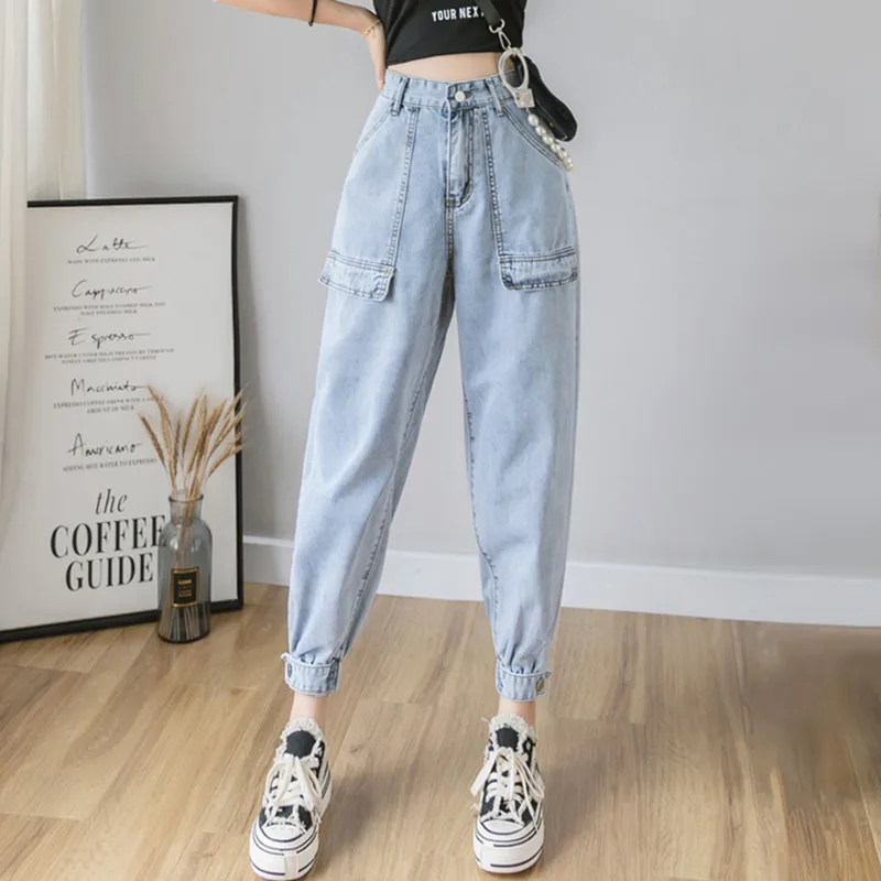 

Qiukichonson Fashion Women Nova Jeans High Waisted Loose Harm Jeans Ankle Banded Big Pockets Denim Trousers
