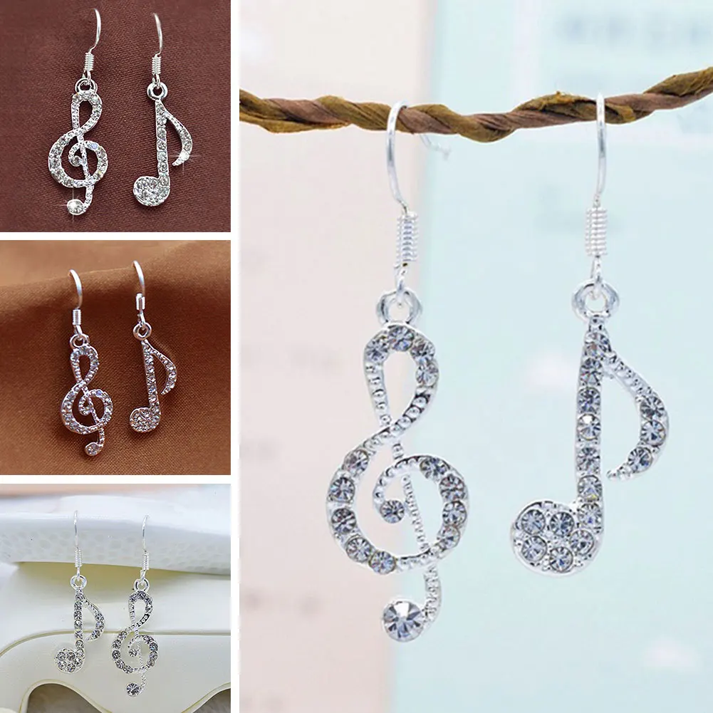 1 пара, трендовые музыкальные серьги заметки, крючок, кристалл, серебряный цвет, Женские аксессуары, вечерние серьги, подарок для девушек