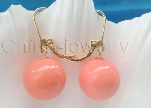 

Free Shipping >>>>14mm pink coral color perfect round sea shell pearl earring - 14k gold filled