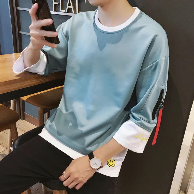 

Men Male Spring Autumn Fashion Brand Korea Japan Style Harajuku Slim Fit Hip Hop Fake Two Pieces Three Quarter Sleeve Sweatshirt