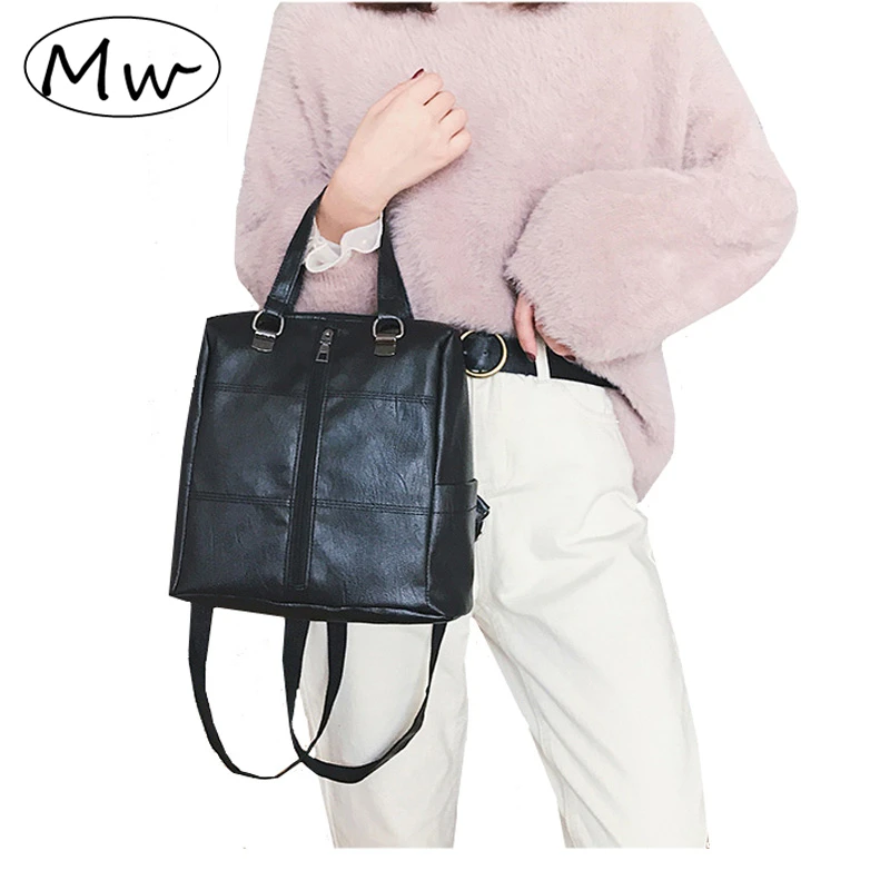 Vertical three use backpack solid color square plaid women soft leather