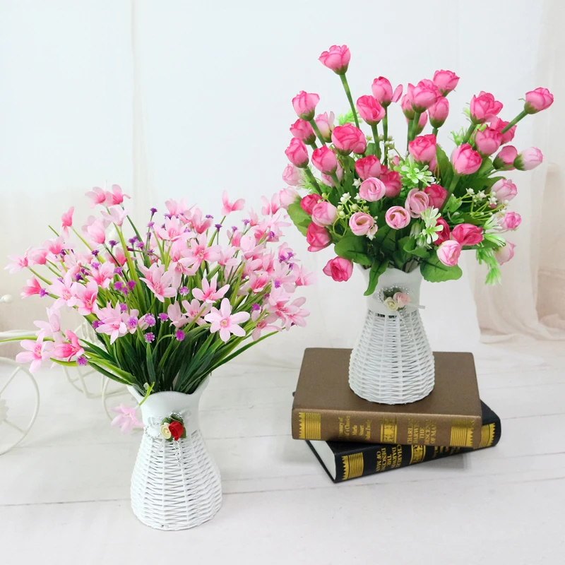quality  plastic vase + silk flowers artificial flower set home flowers decoration artificial wedding decor Free Shipping (5)