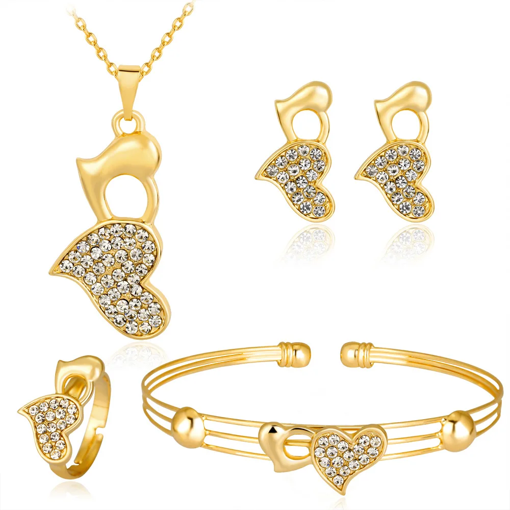 

HC Elegant Hearts Crystal Girls Jewelry Sets Fashion 4 Pcs Necklace Bracelets Earrings Ring Jewelry Set for Kids Children Gift T