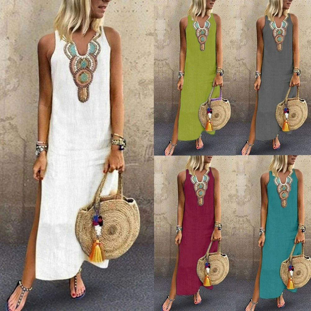 

Women's Maxi Beach Dress Sleeveless Casual Boho Summer Split Dress Fashion Ladies Girl Loose Long Dresses