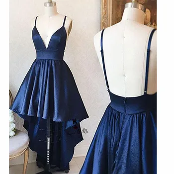 

Navy Blue Cheap High Low Prom Dresses 2018 Long Back Short Front V Neck Straps Custom Made Evening Party Dress Gowns Ballkleider