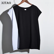 [XITAO] новые летние европейские модные женские толстовки контрастного цвета Лоскутные свободные футболки женские футболки с короткими рукавами и круглым вырезом LJT2811