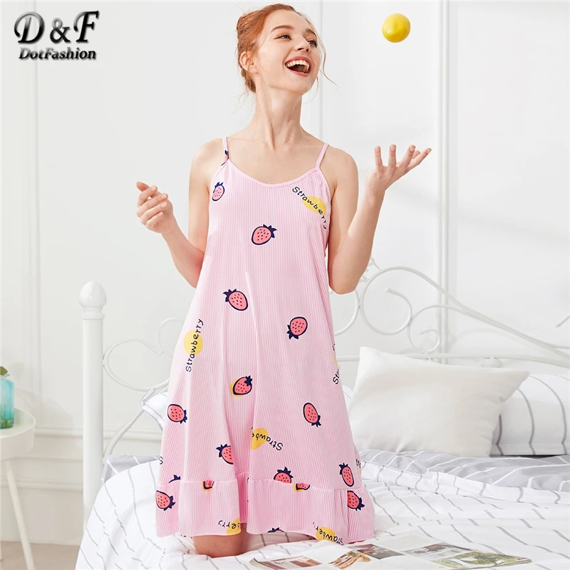 

Dotfashion Pink Strawberry Print Cami Night Dress With Eye Mask Women 2019 Casual Sleepwear Summer Cute Sleeveless Nightgown