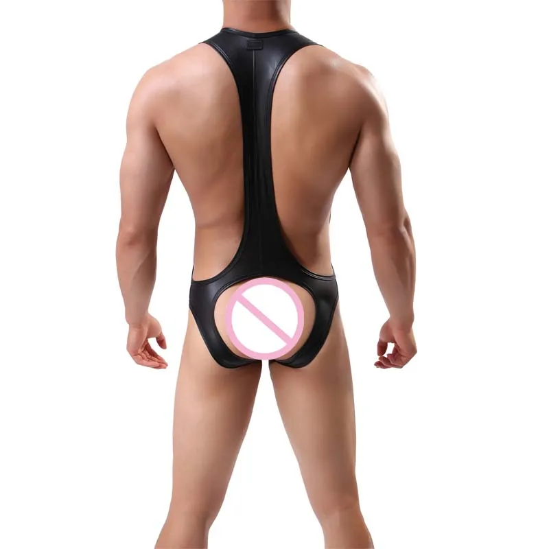 

Sexy Hot Erotic Lingerie Mens Thong Bodysuit Jockstrap Gay Imitation Leather Underwear Jumpsuit Body Suits