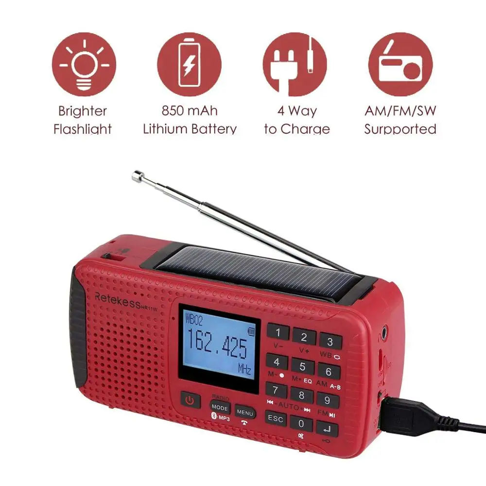 Retekess HR11W FM/AM NOAA погодное аварийное радио Ручной Солнечный радио Bluetooth MP3 плеер цифровой рекордер портативный F9208C