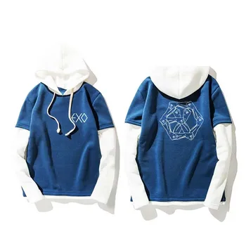 

kpop EXO Plus velvet Hoodies GOT7 cotton Pullovers autumn Sweatshirts Women Blue white grey stitching Fake Two Pieces Clothes
