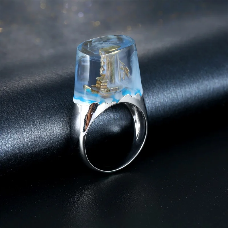 Lateefah Miniature Sailboat Resin Rings for Women Miniature Gold Sailboat in Transparent Resin Silver Color Ring Anillos Mujer