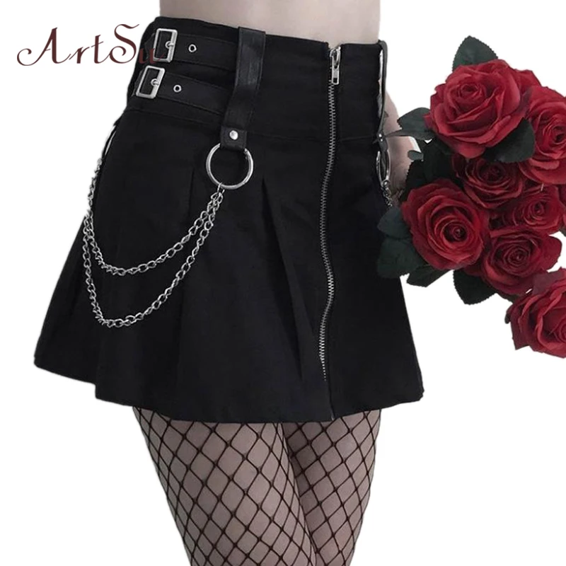 Арцу готические черные мини юбки с цепочкой Женская шикарная юбка с высокой талией на молнии Femme вечерние пляжные черные юбки ASSK60013