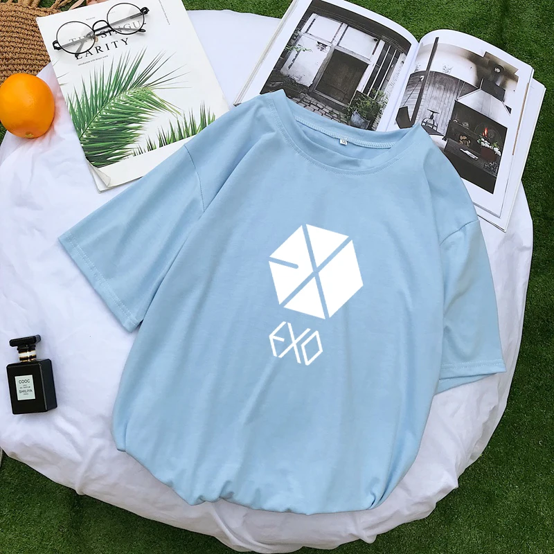 Женская хлопковая Футболка EXO Kpop Повседневная Уличная футболка с короткими