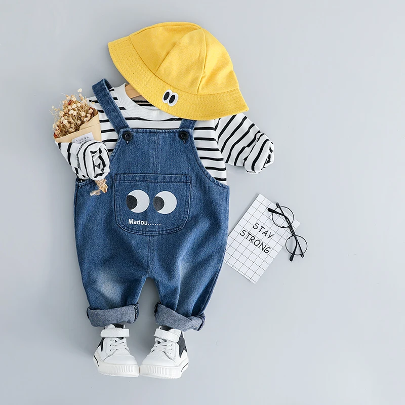 Children Clothing Boys Denim Overalls Set Cute Cartoon Eye Striped Top and Bib Jeans 2PCS Kid Boy Boys Girls Clothes