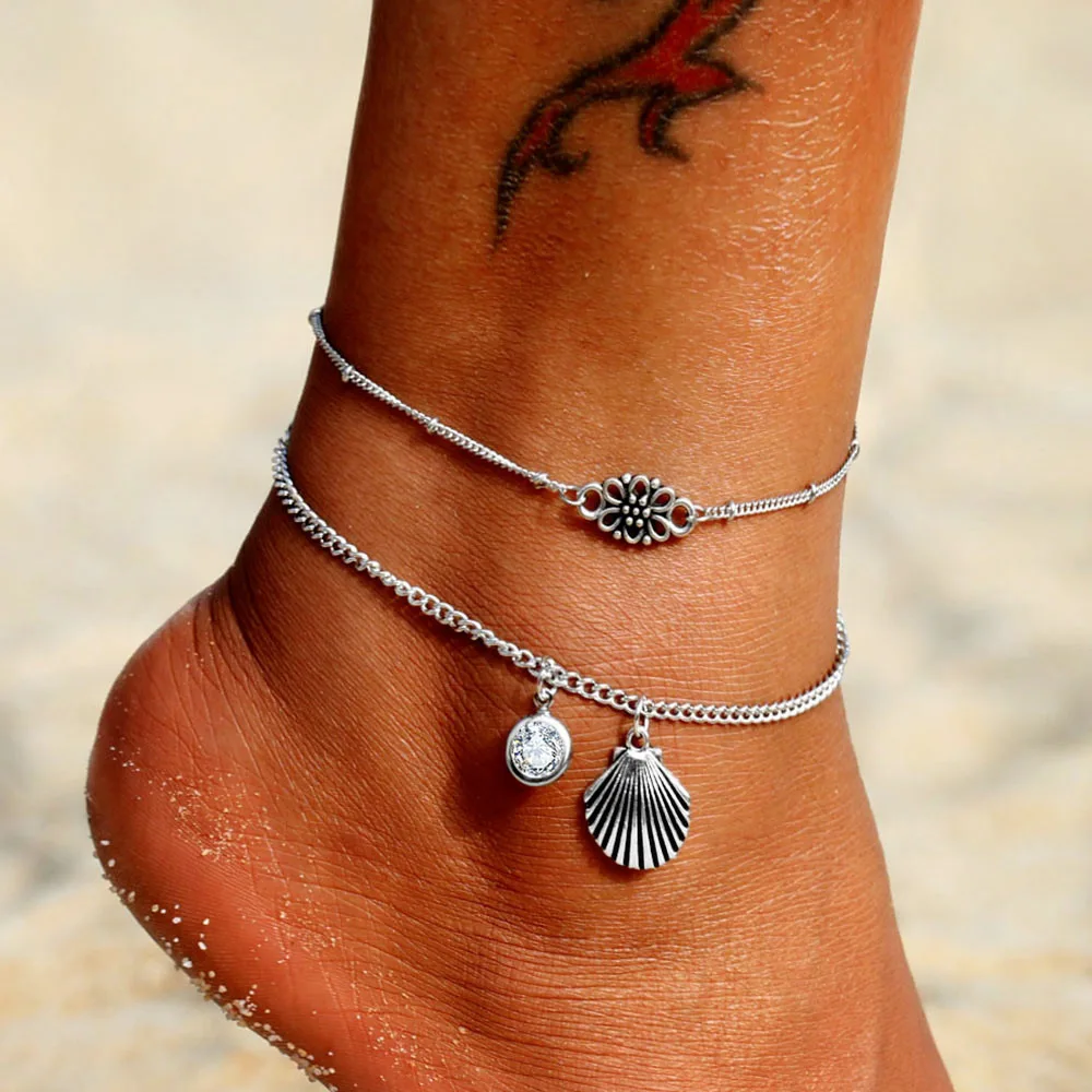 

Bohemian Round Crystal Shell Anklet Chain Ankle Flower Bracelet Charm Anklet Tassel Summer Beach Foot Jewelry Anklets for Women