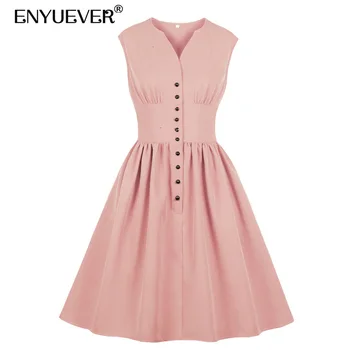 

Enyuever Robe Vintage Dress Plus Size Women Sleeveless High Waist Swing Midi Retro Button Casual Rockabilly Dress Summer Vestido