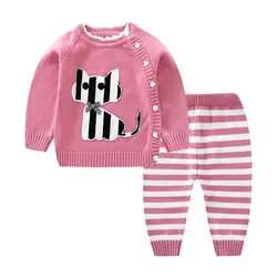 Для маленьких девочек вязаная одежда устанавливает осень милый вязаный свитер с длинными рукавами + брюки 2 шт./компл. мальчиков Комплекты с