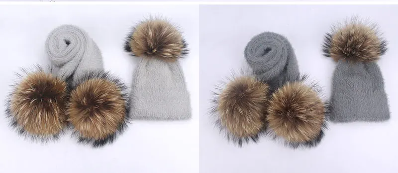 Зимняя шапка из кроличьего меха и шарф, набор для женщин и девушек, женская зимняя вязаная шапка, Повседневная однотонная шапка с натуральным меховым помпоном