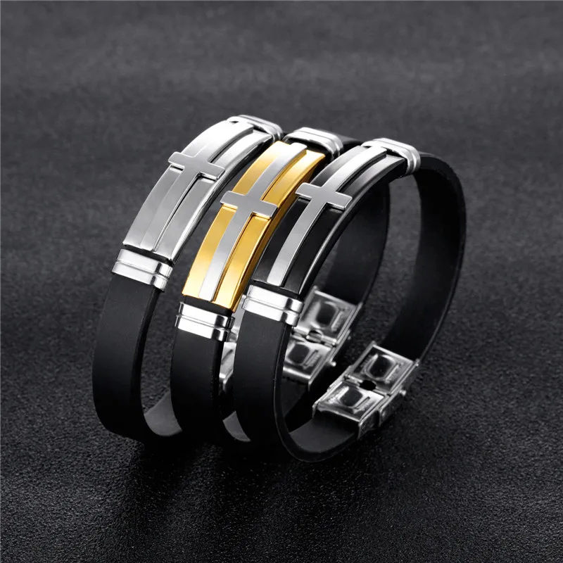 

Modyle Fashion Vintage Men Jewelry Bracelets Black Silicone Charm Cross Bracelets Bangles For Man