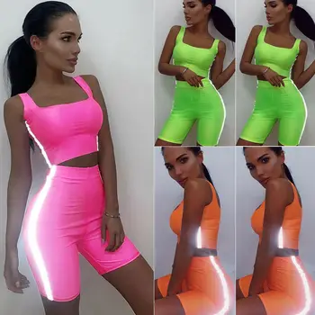 

Women 2PCS/Set Sports Suit Fluorescent Reflective Crop Tank Top + Shorts Vest Outfit Workout Tracksuits 4 Colors