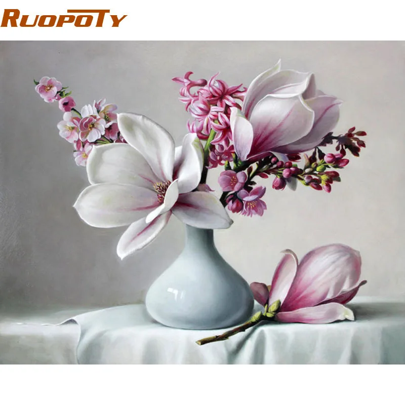 

RUOPOTY Frameless Acrylic Paint Magnolia Flower DIY Painting By Numbers Modern Wall Art Picture Unique Gift For Home Decor Arts