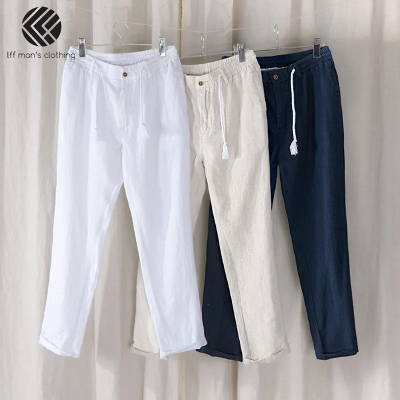Весенне-летние мужские модные Брендовые однотонные белые льняные прямые брюки длиной до щиколотки в китайском стиле, мужские повседневные тонкие брюки, пляжные брюки