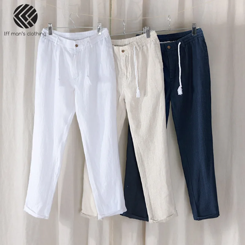 

Spring Summer Men Fashion Brand Chinese Style Solid White Linen Straight Ankle-Length Pants Male Casual Thin Trousers Beach Pant